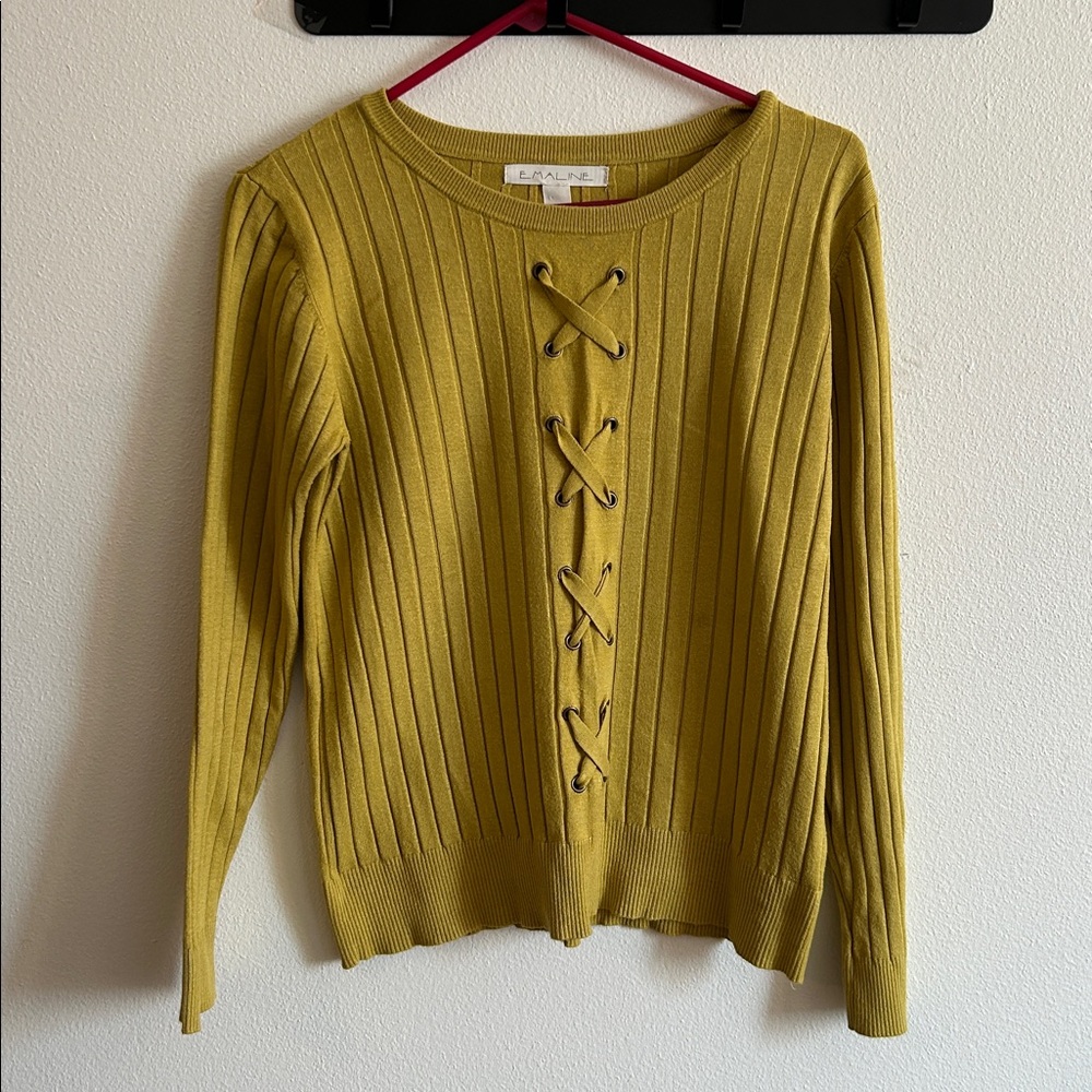 Chic Emaline Women's Lace-Up Ribbed Pullover Golden  Yellow Crew Neck Sweater..M